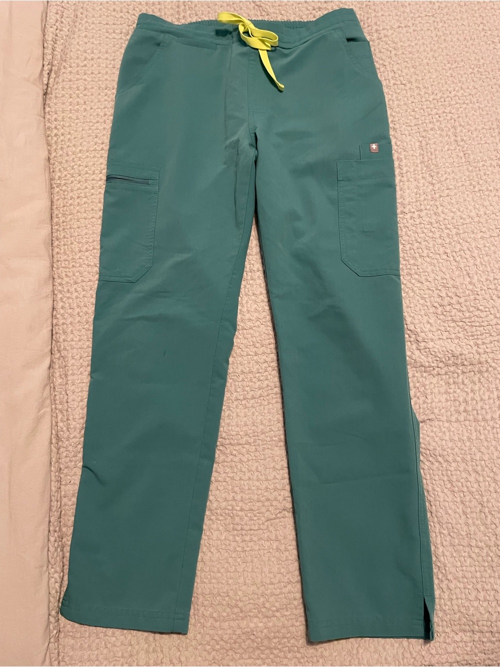 Figs Women's Teal Cargo Scrub Pants with Yellow Drawstring